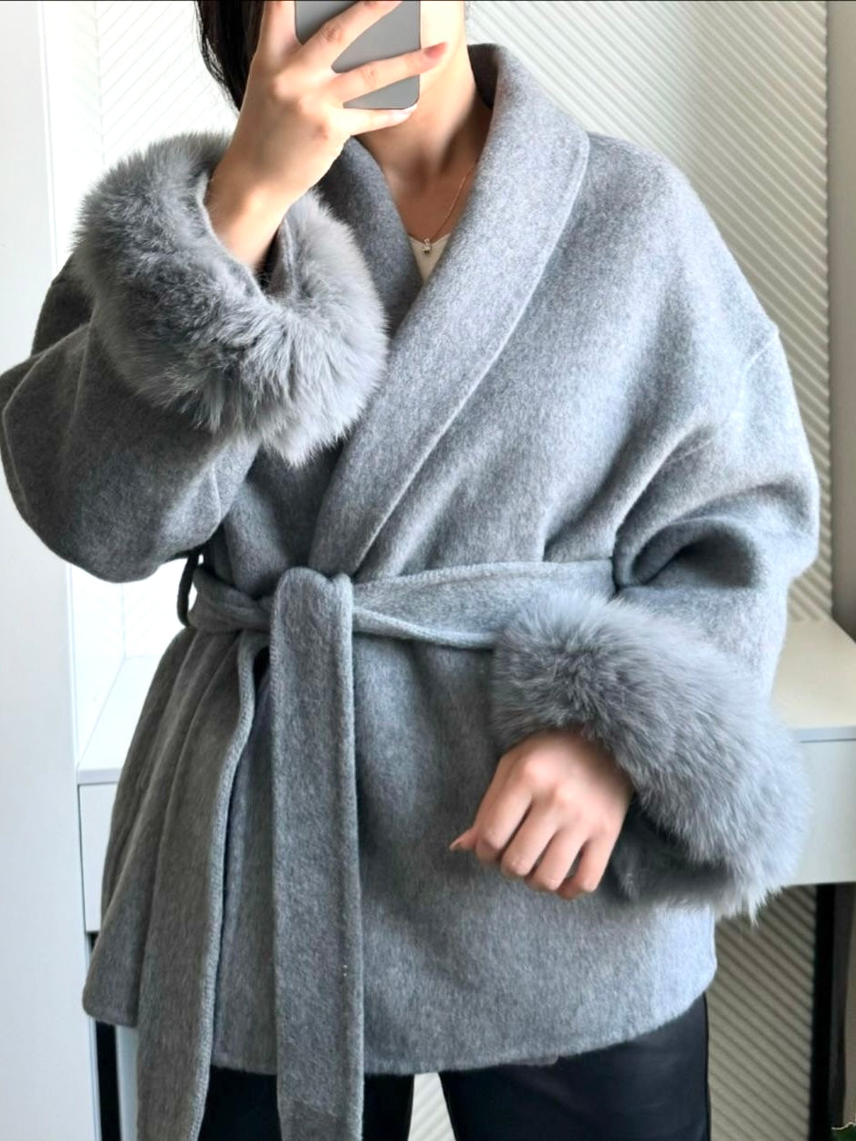 Celine | Belted Coat with Faux Fur Cuffs
