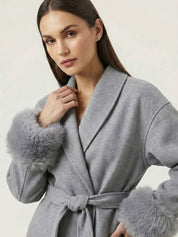 Celine | Belted Coat with Faux Fur Cuffs