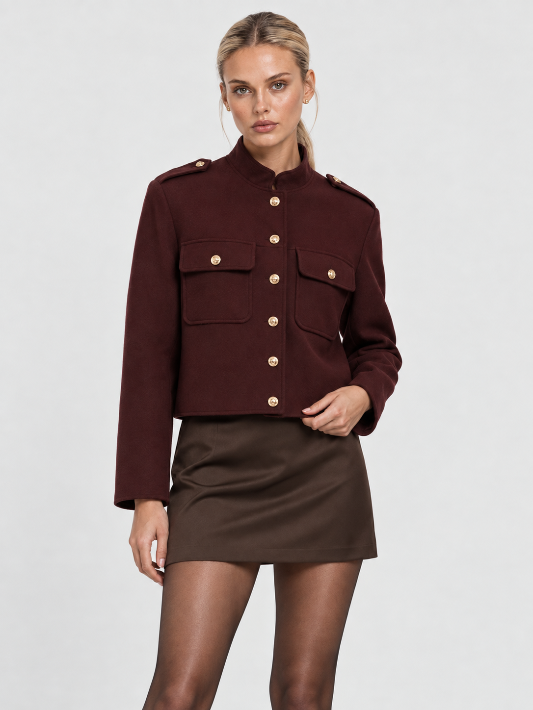 Lilly | Burgundy Cropped Jacket with Gold Buttons