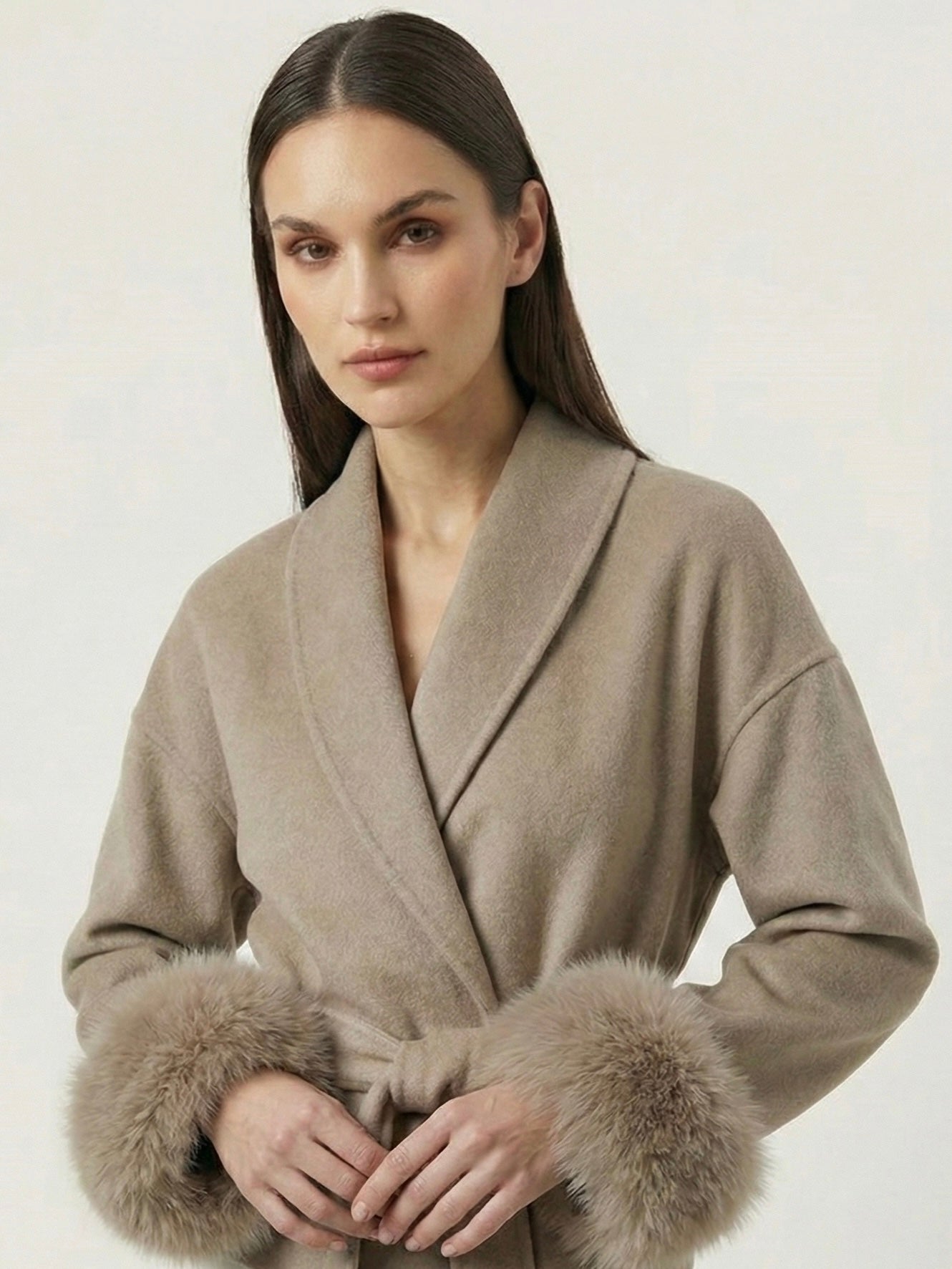 Celine | Belted Coat with Faux Fur Cuffs