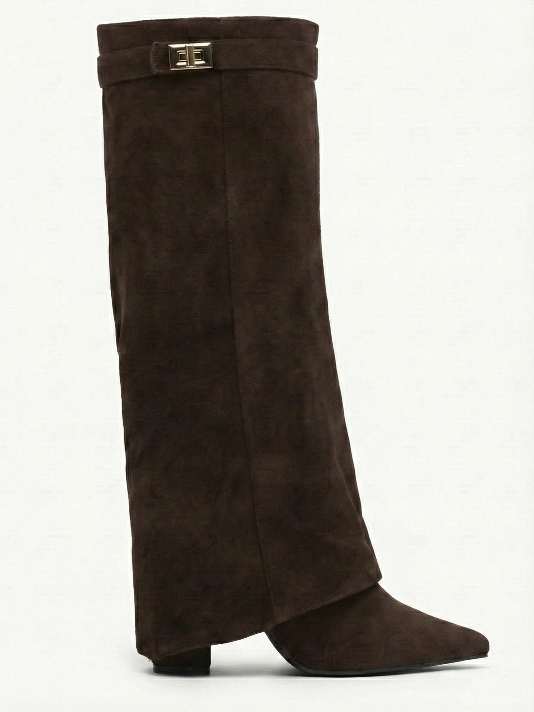 Brown knee-high boot with a smooth suede-like finish, pointed toe, discreet low block heel, straight shaft design, and a slim metallic buckle detail at the top.