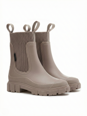 Apricot waterproof ankle boot with elastic side panels, pull tabs and chunky lug sole