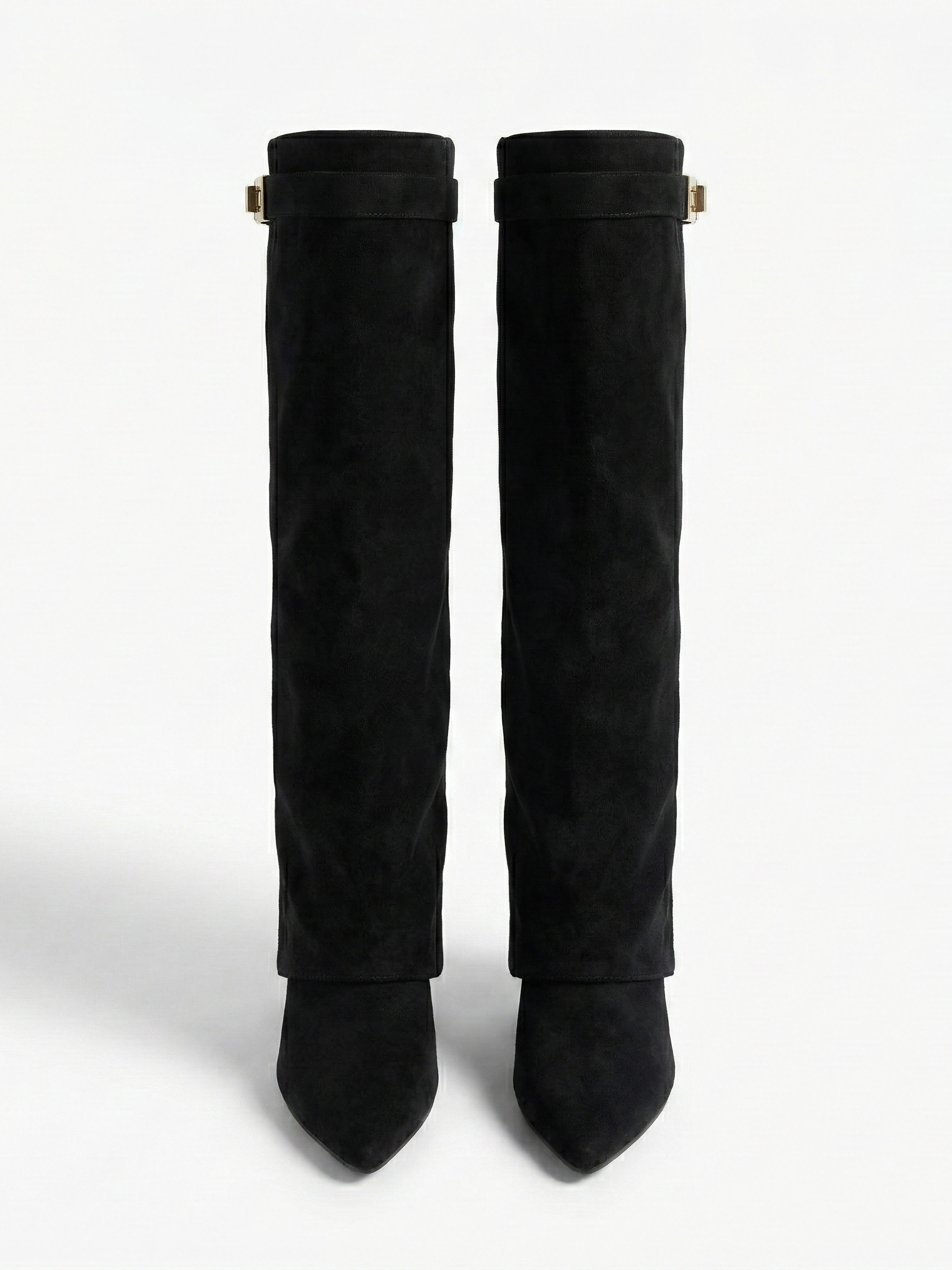 Black knee-high boot with a smooth suede-like finish, pointed toe, discreet low block heel, straight shaft design, and a slim metallic buckle detail at the top.