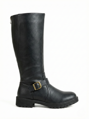 Black knee-high leather-look boot with side buckle strap, round toe and chunky tread sole, minimalist studio white background.