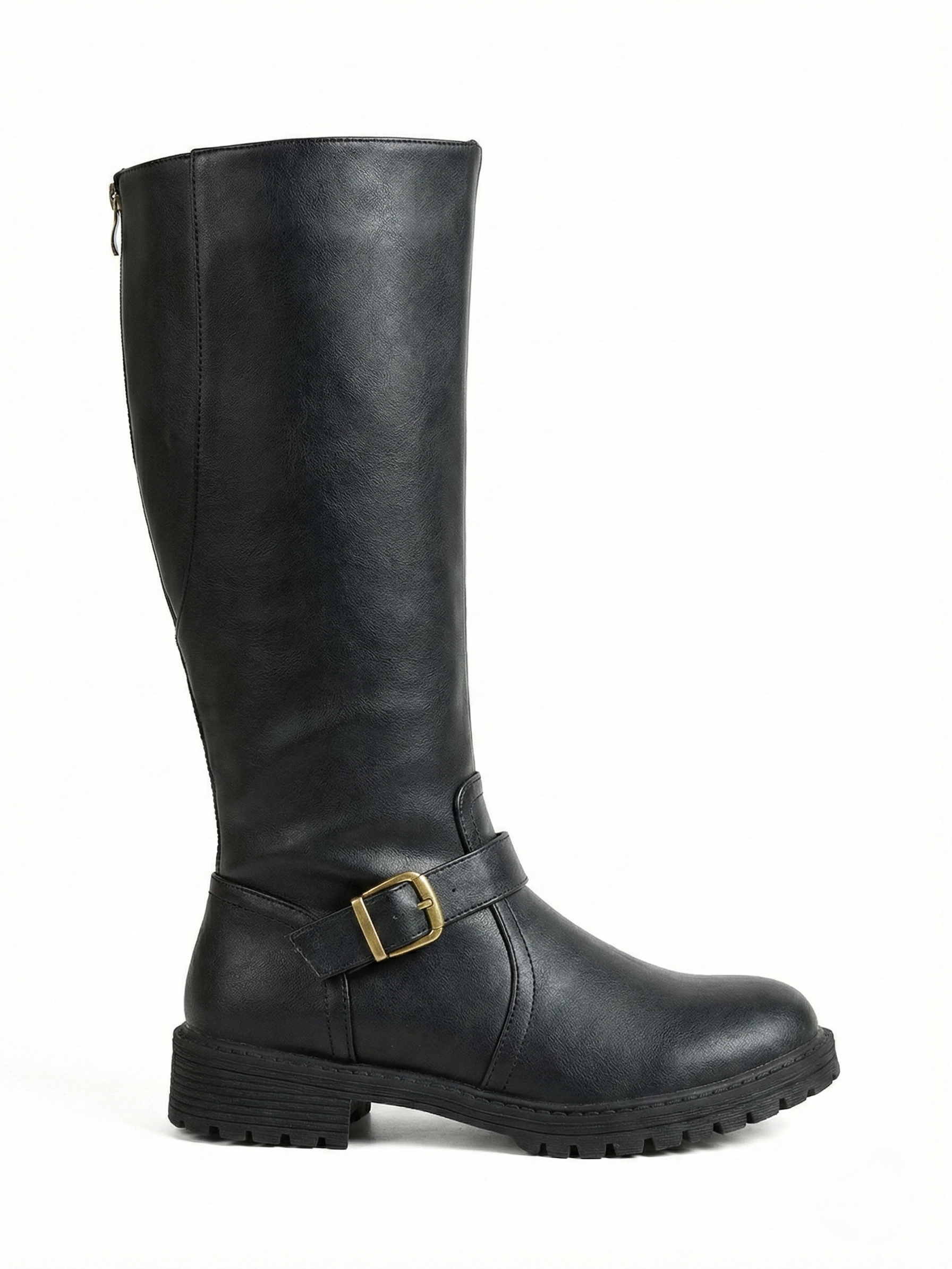 Black knee-high leather-look boot with side buckle strap, round toe and chunky tread sole, minimalist studio white background.
