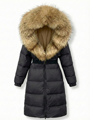 Jane | Belted Long Puffer Coat with Faux Fur Hood