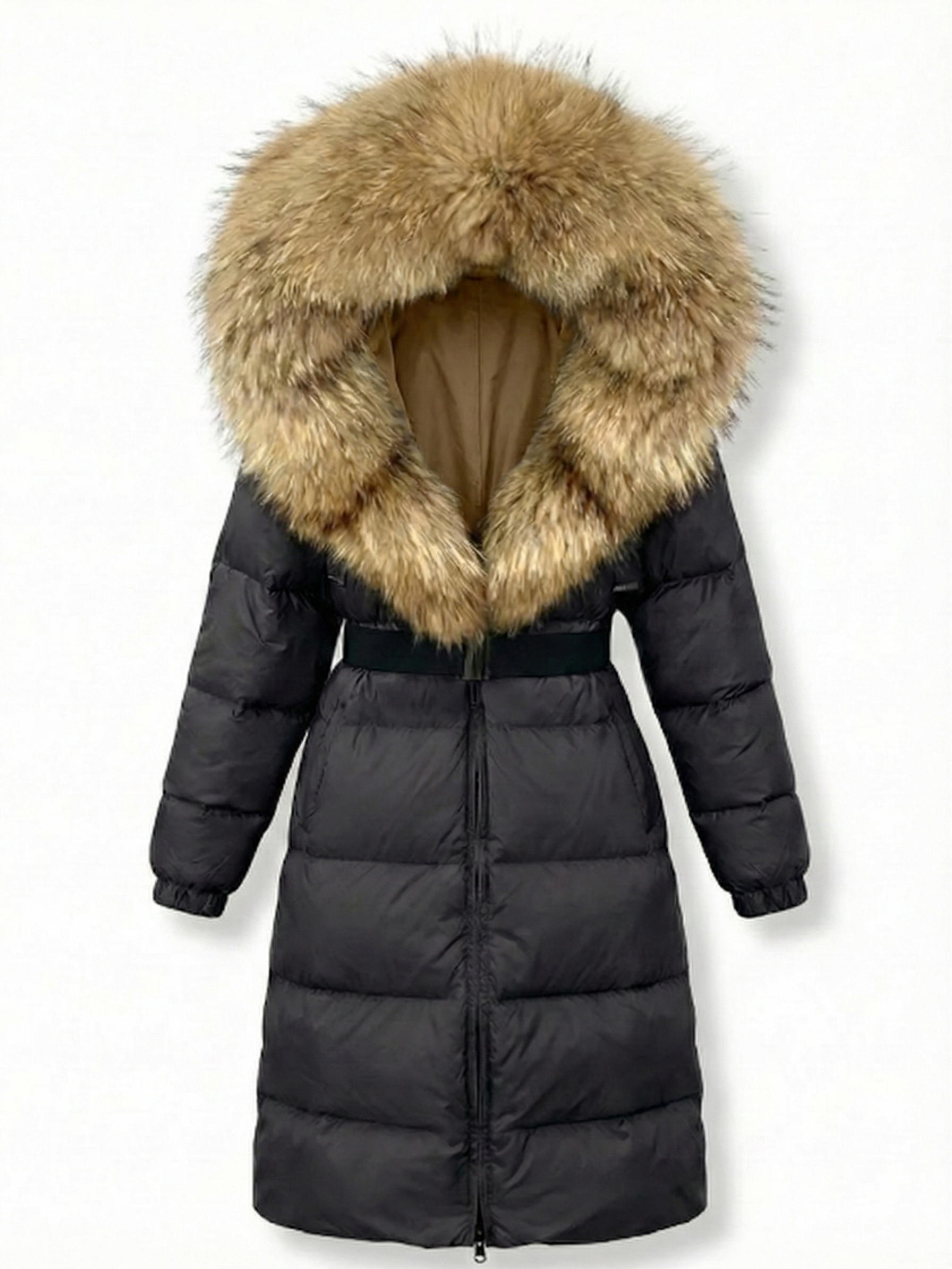 Jane | Belted Long Puffer Coat with Faux Fur Hood