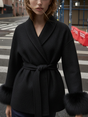 Celine | Belted Coat with Faux Fur Cuffs