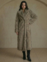 Long faux fur coat in deep brown tones with wide lapel collar and full-length silhouette
