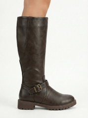 Dark Brown knee-high leather-look boot with side buckle strap, round toe and chunky tread sole
