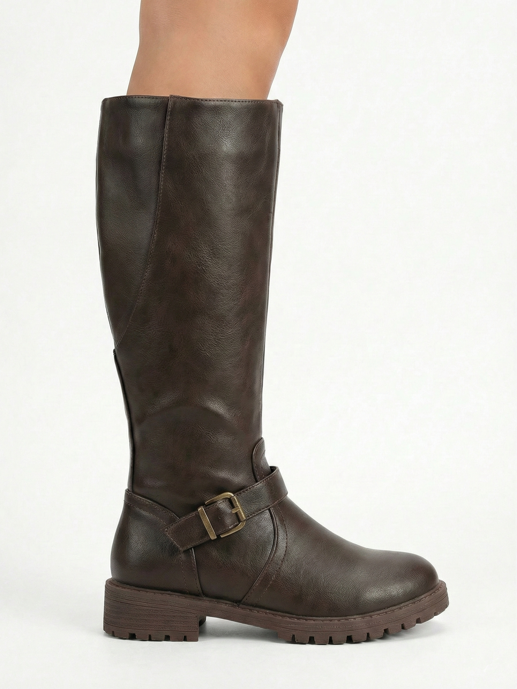 Dark Brown knee-high leather-look boot with side buckle strap, round toe and chunky tread sole