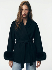 Celine | Belted Coat with Faux Fur Cuffs
