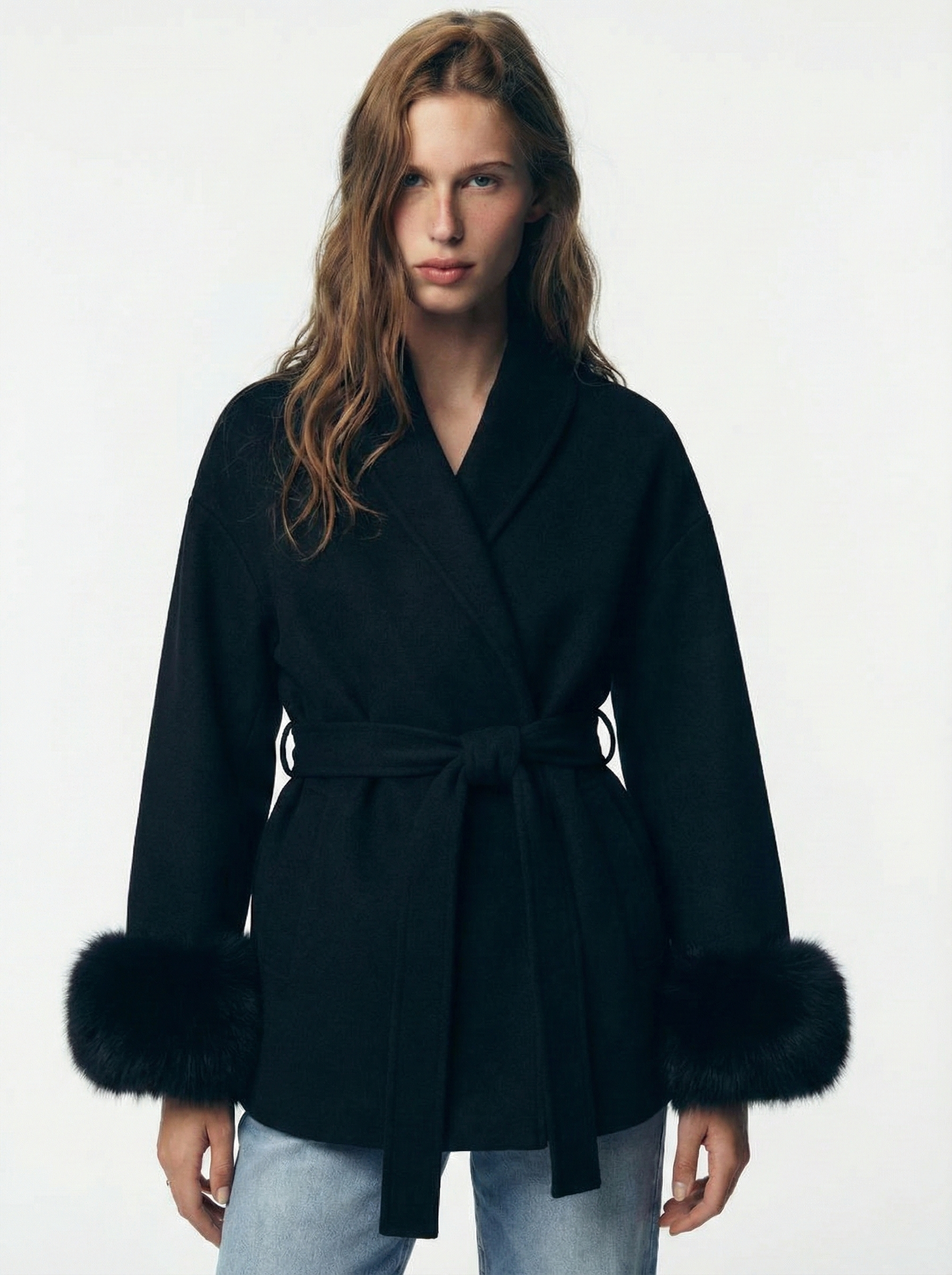 Celine | Belted Coat with Faux Fur Cuffs
