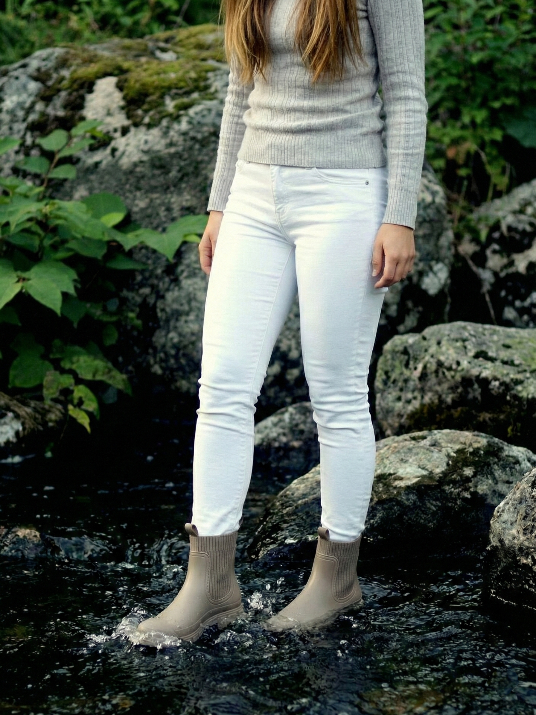 Apricot waterproof ankle boot with elastic side panels, pull tabs and chunky lug sole