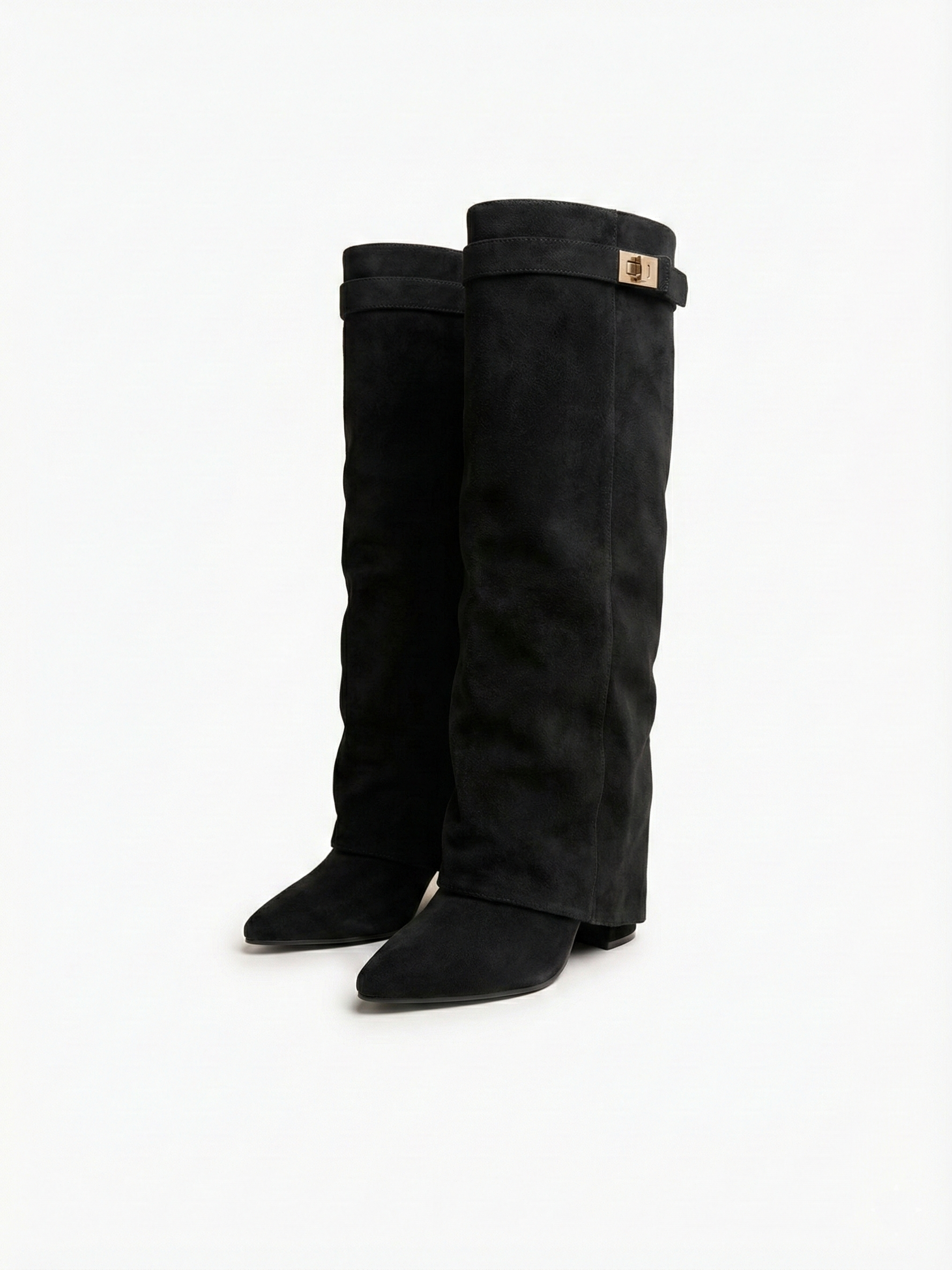Black knee-high boot with a smooth suede-like finish, pointed toe, discreet low block heel, straight shaft design, and a slim metallic buckle detail at the top.