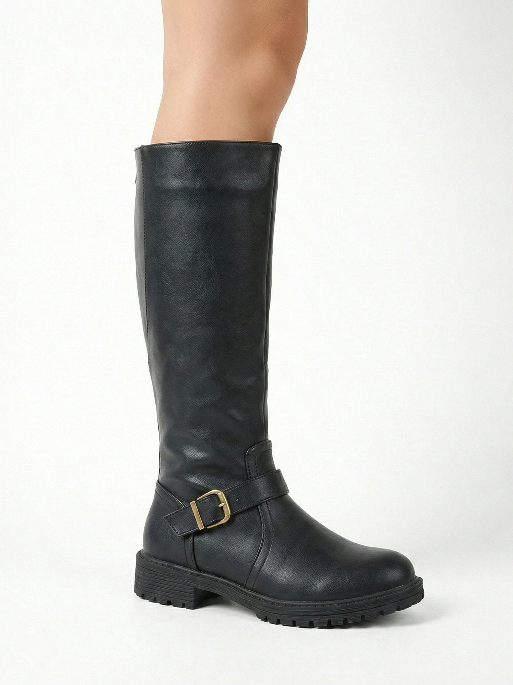 Black knee-high leather-look boot with side buckle strap, round toe and chunky tread sole