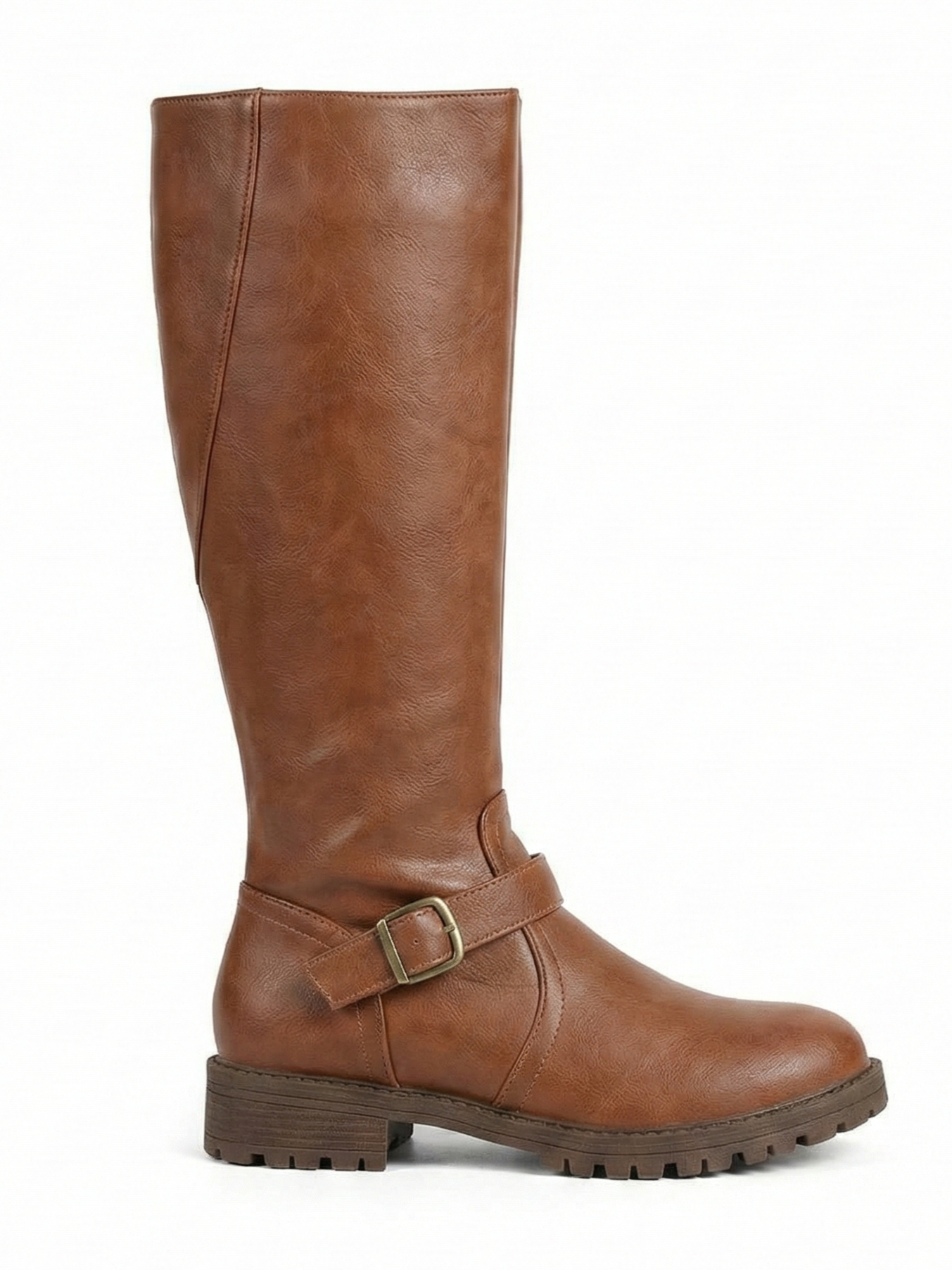 Brown knee-high leather-look boot with side buckle strap, round toe and chunky tread sole, minimalist studio white background.