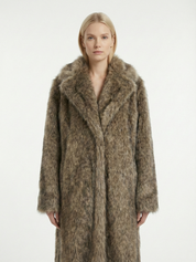 Long faux fur coat in deep brown tones with wide lapel collar and full-length silhouette