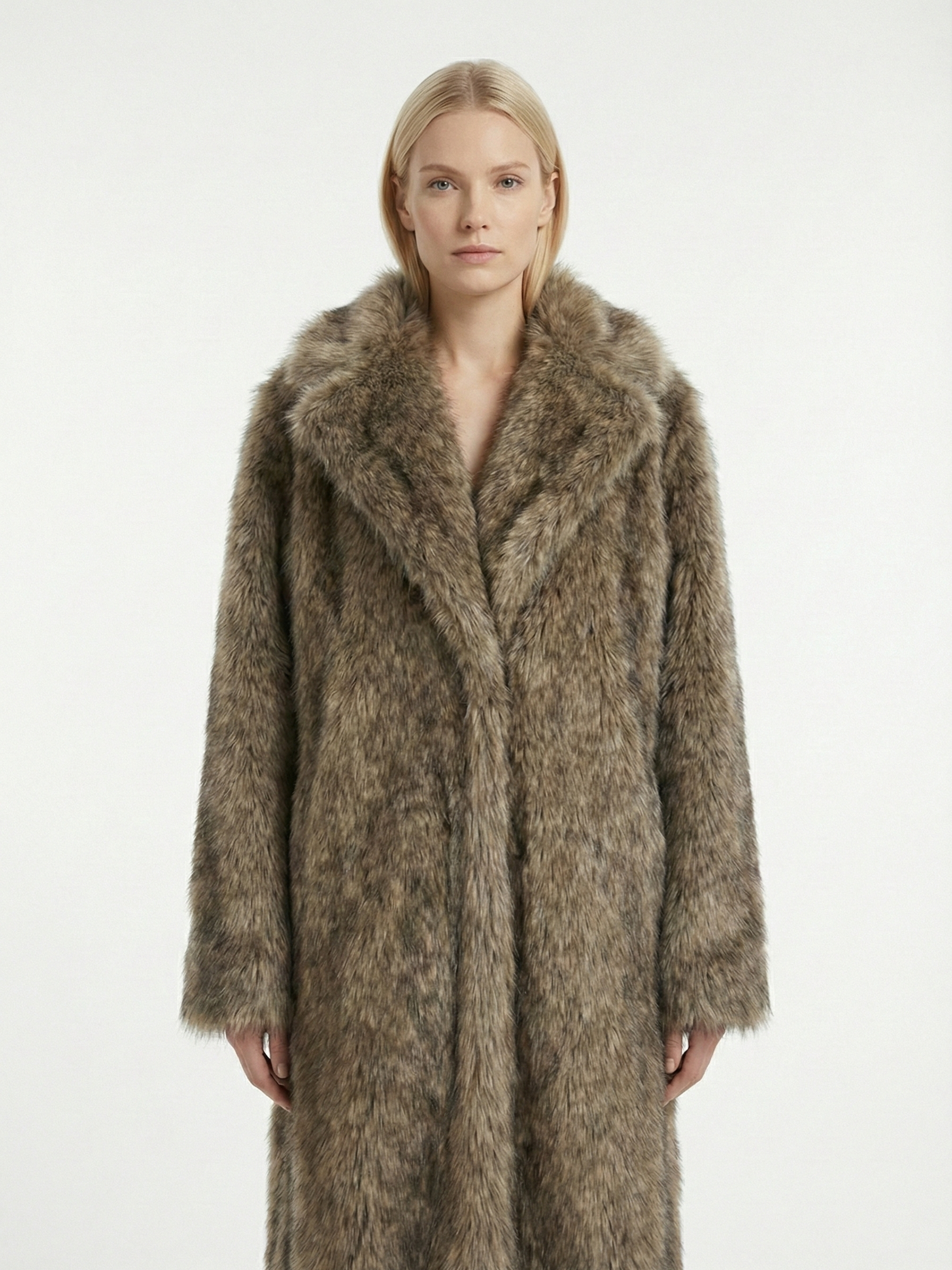 Long faux fur coat in deep brown tones with wide lapel collar and full-length silhouette