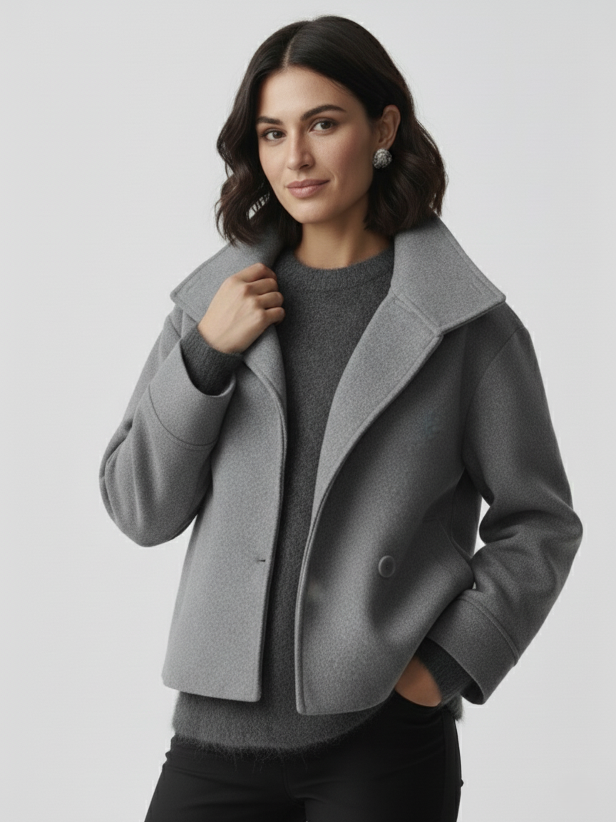 Black high-neck jacket with asymmetrical buttons and structured silhouette, featuring wide sleeves and a minimalist design for modern everyday styling.