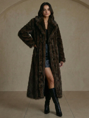 Long faux fur coat in deep brown tones with wide lapel collar and full-length silhouette