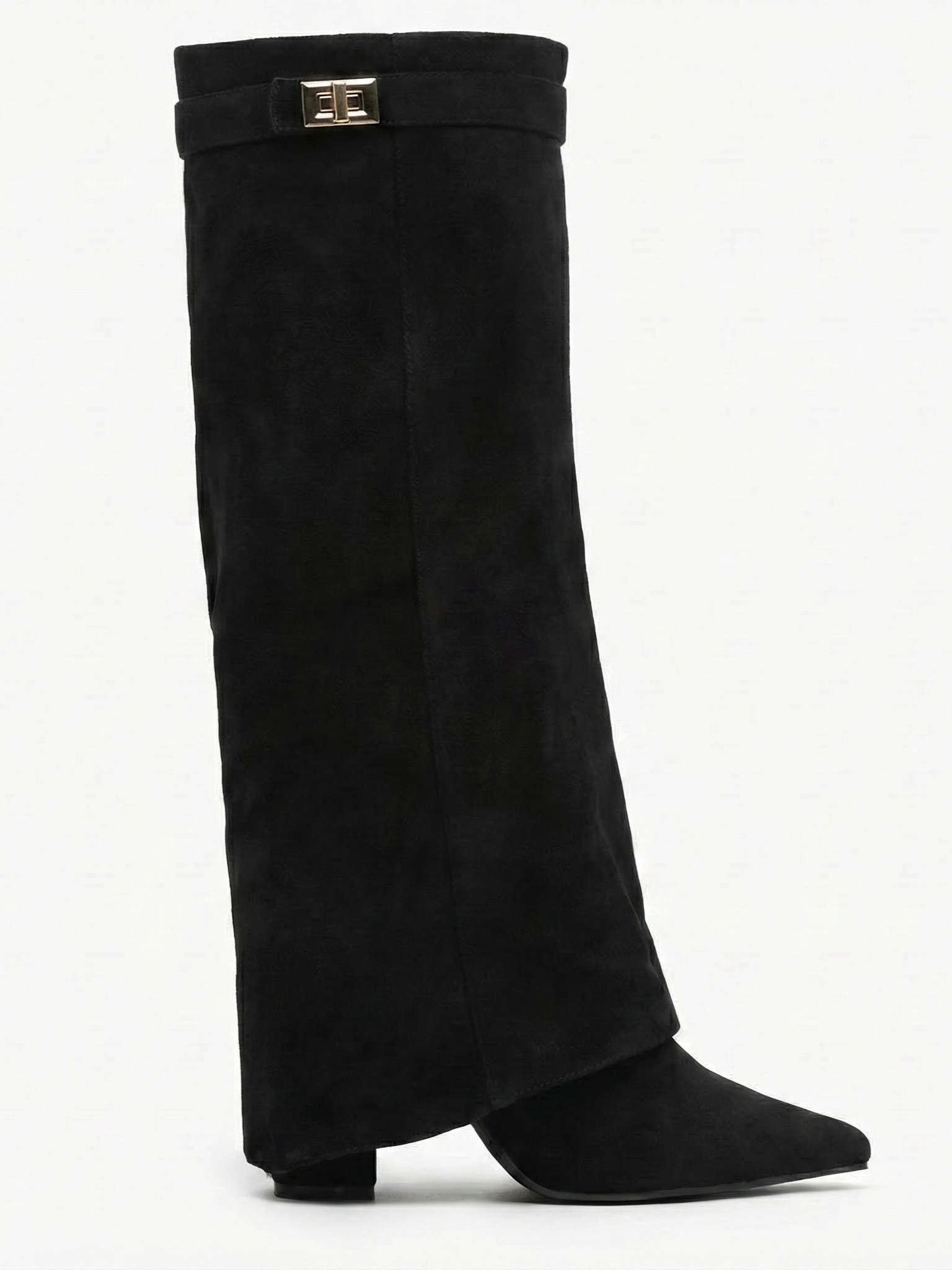 Black knee-high boot with a smooth suede-like finish, pointed toe, discreet low block heel, straight shaft design, and a slim metallic buckle detail at the top.