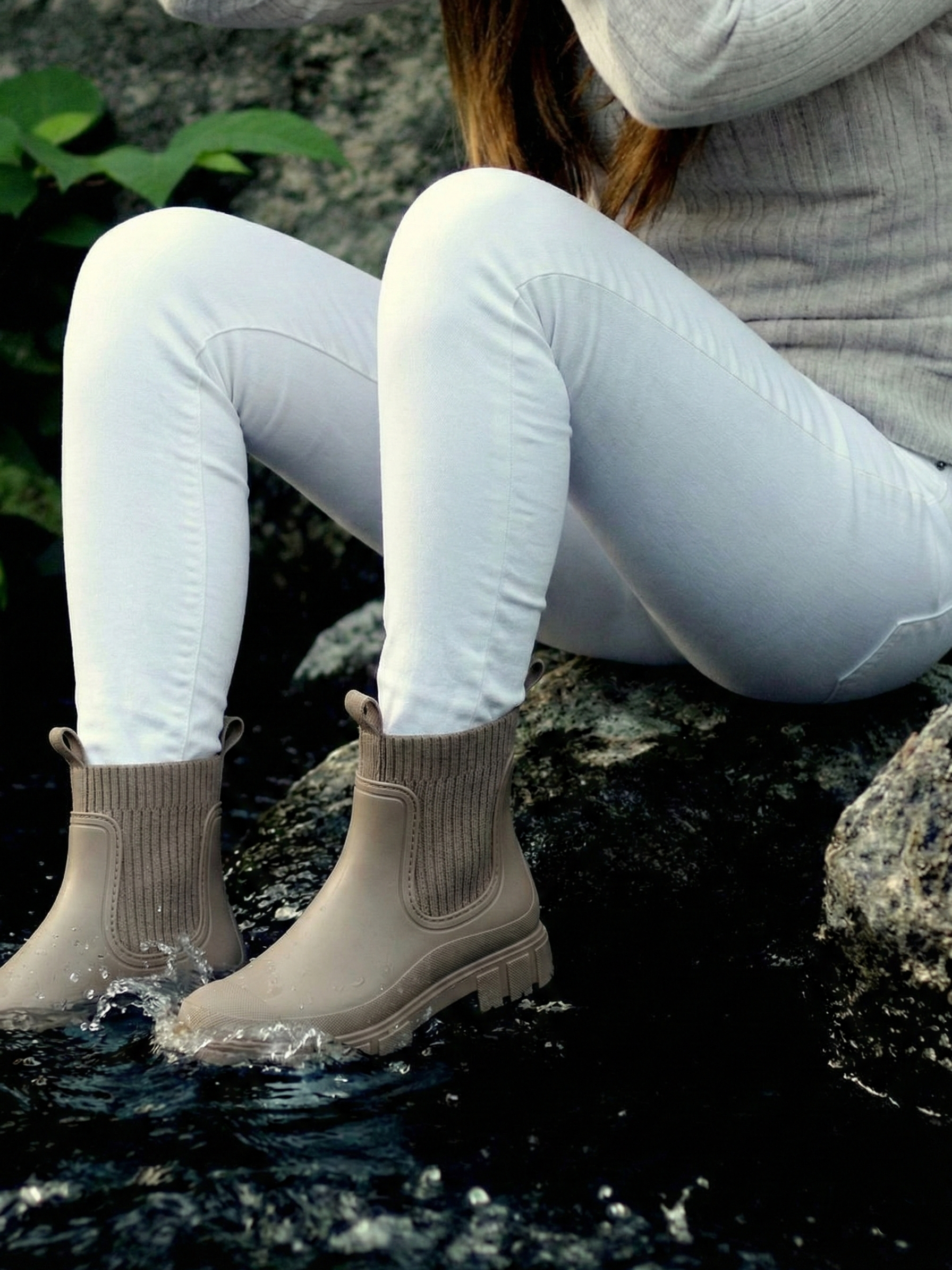 Apricot waterproof ankle boot with elastic side panels, pull tabs and chunky lug sole