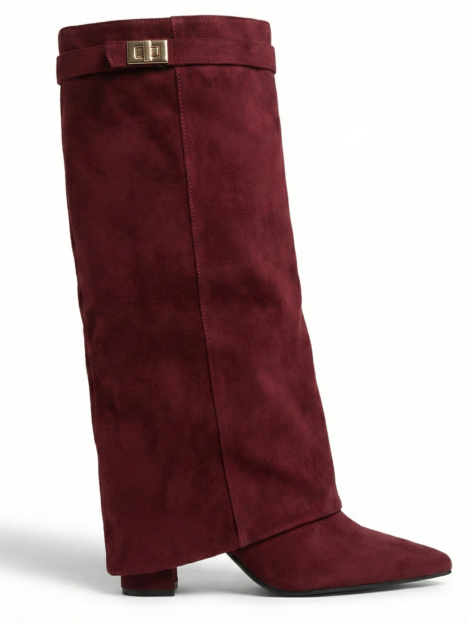 Burgundy knee-high boot with a smooth suede-like finish, pointed toe, discreet low block heel, straight shaft design, and a slim metallic buckle detail at the top.