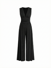 Black sleeveless jumpsuit with deep V neckline, ruched waist and wide-leg trousers
