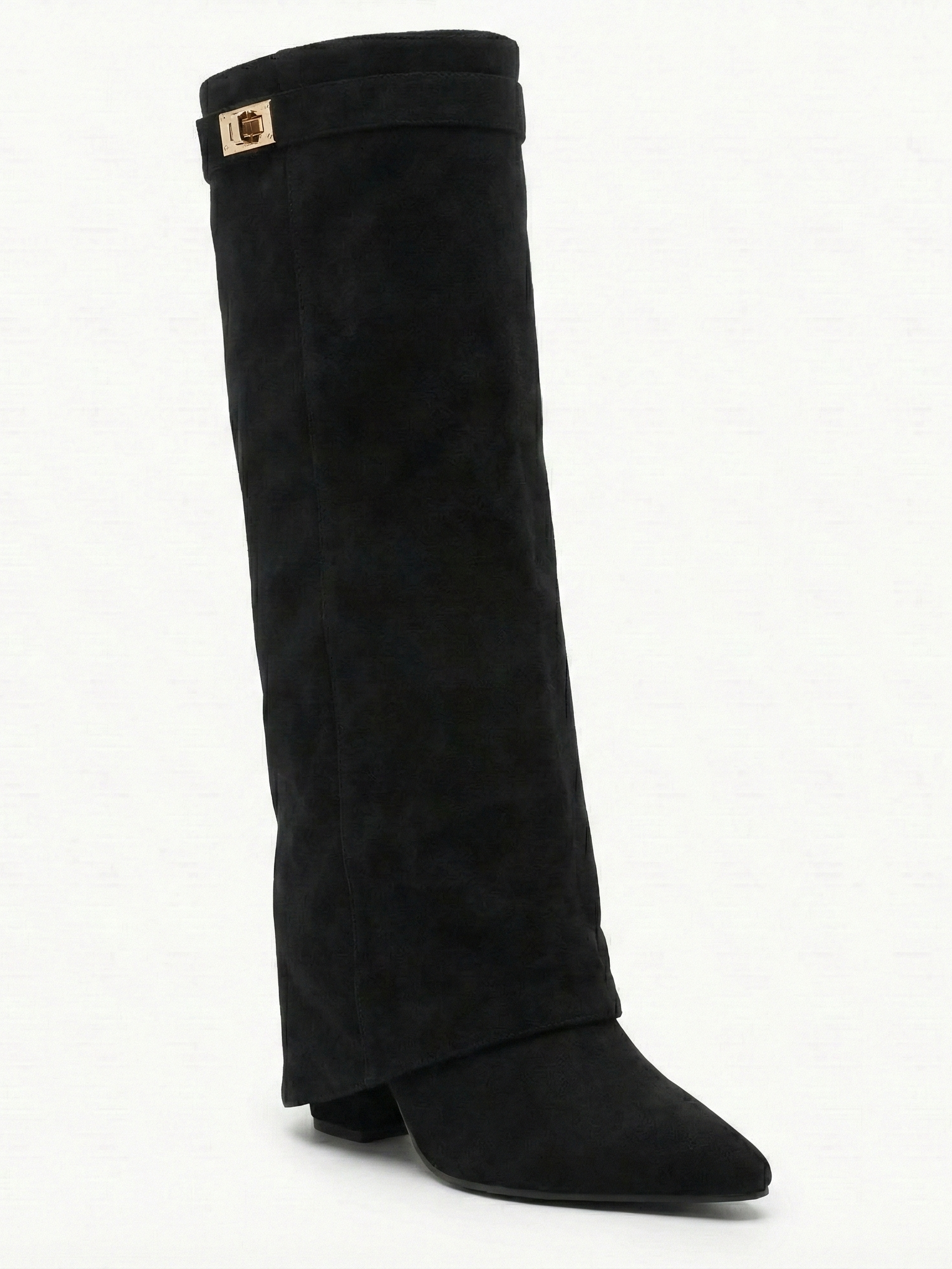 Black knee-high boot with a smooth suede-like finish, pointed toe, discreet low block heel, straight shaft design, and a slim metallic buckle detail at the top.