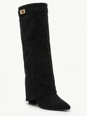 Black knee-high boot with a smooth suede-like finish, pointed toe, discreet low block heel, straight shaft design, and a slim metallic buckle detail at the top.