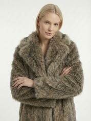 Long faux fur coat in deep brown tones with wide lapel collar and full-length silhouette
