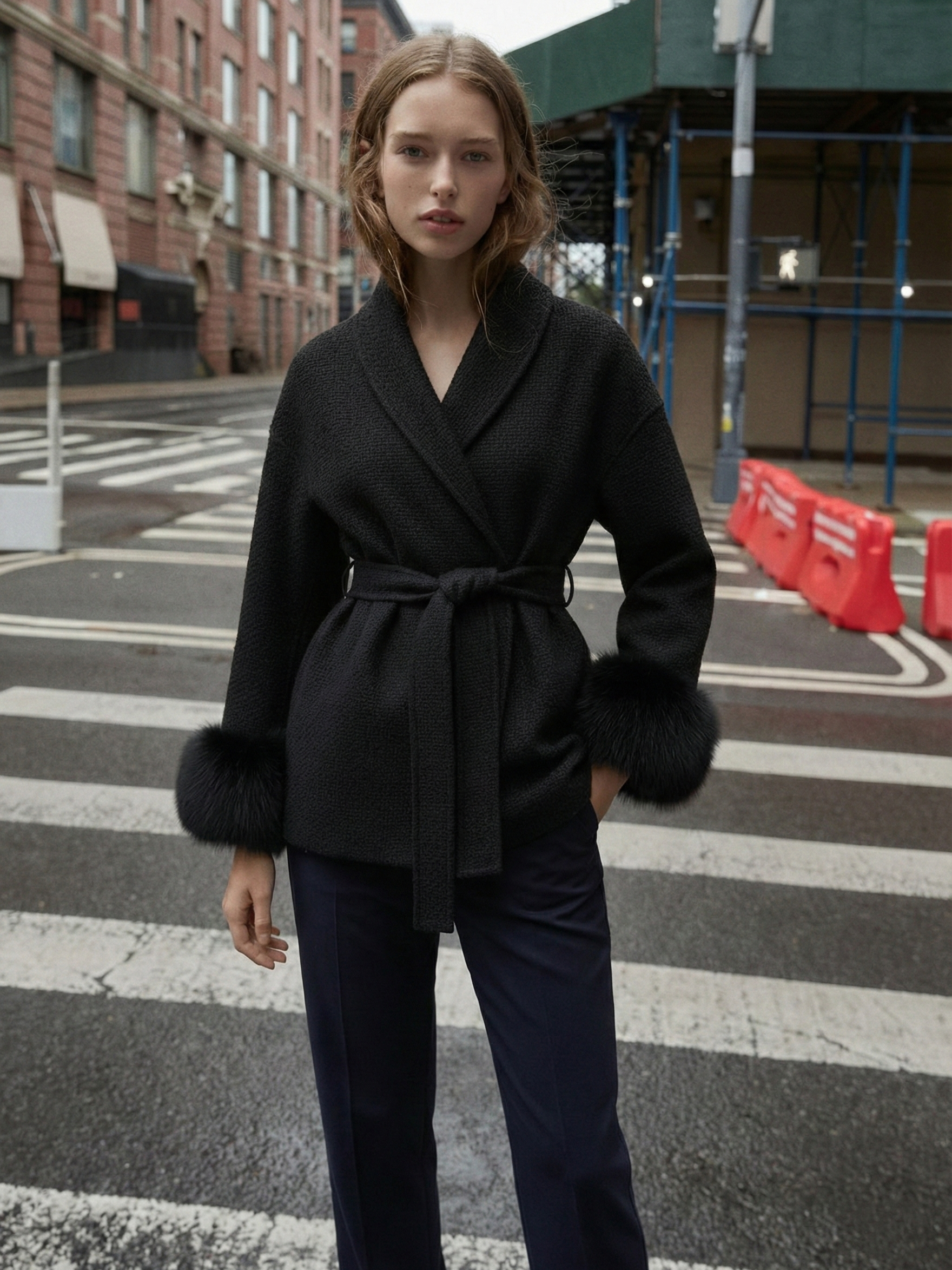 Celine | Belted Coat with Faux Fur Cuffs