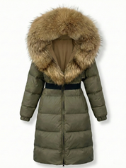 Jane | Belted Long Puffer Coat with Faux Fur Hood
