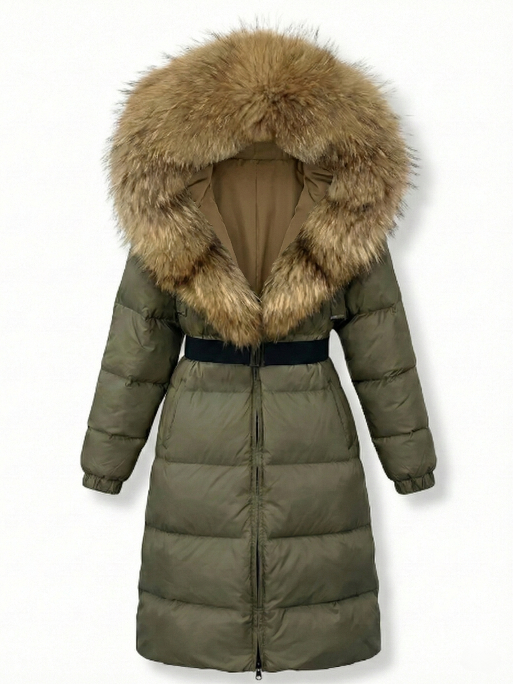 Jane | Belted Long Puffer Coat with Faux Fur Hood