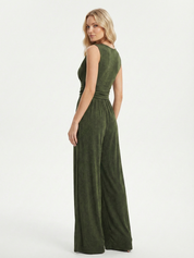 Army Green sleeveless jumpsuit with deep V neckline, ruched waist and wide-leg trousers