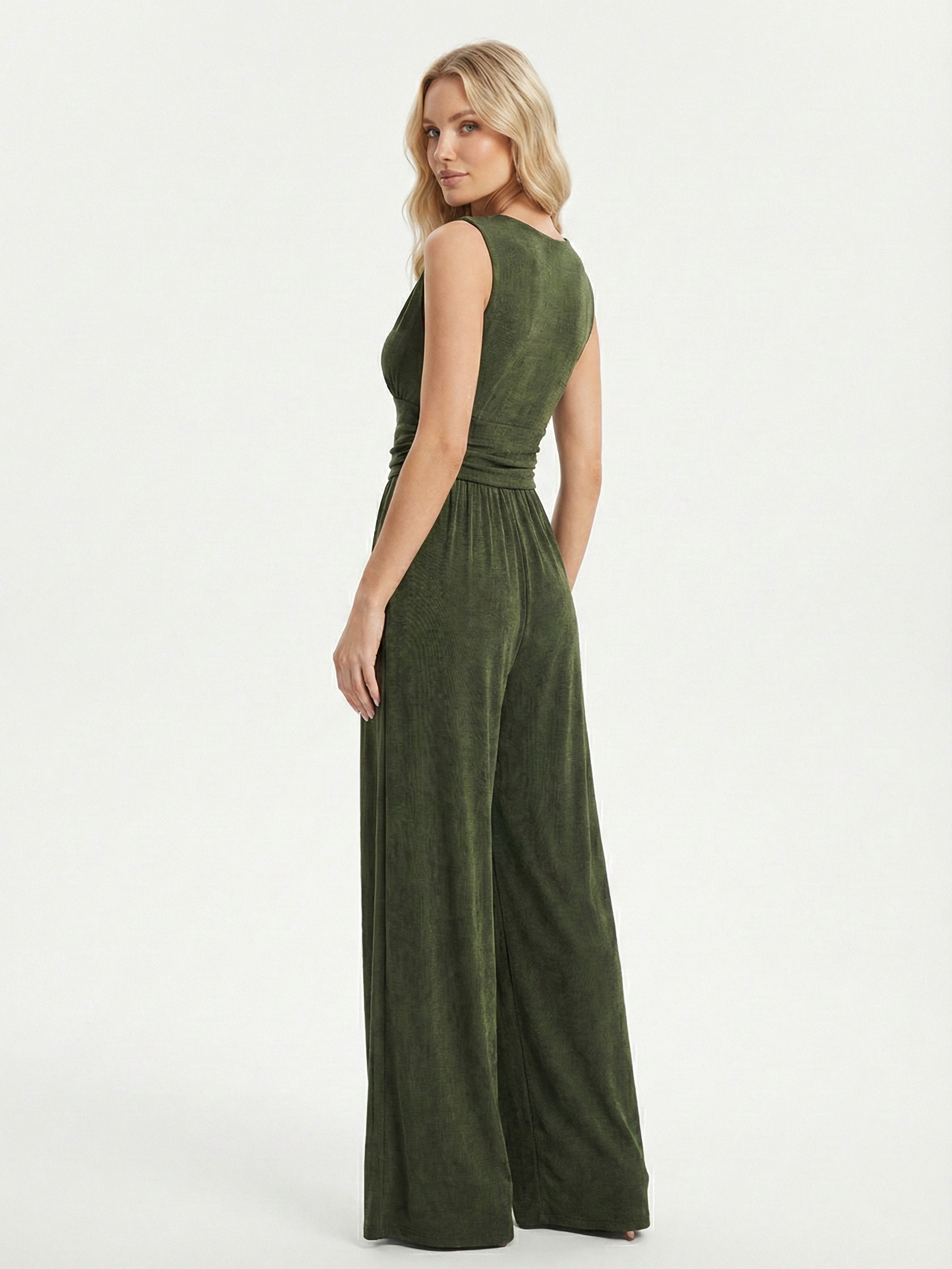 Army Green sleeveless jumpsuit with deep V neckline, ruched waist and wide-leg trousers