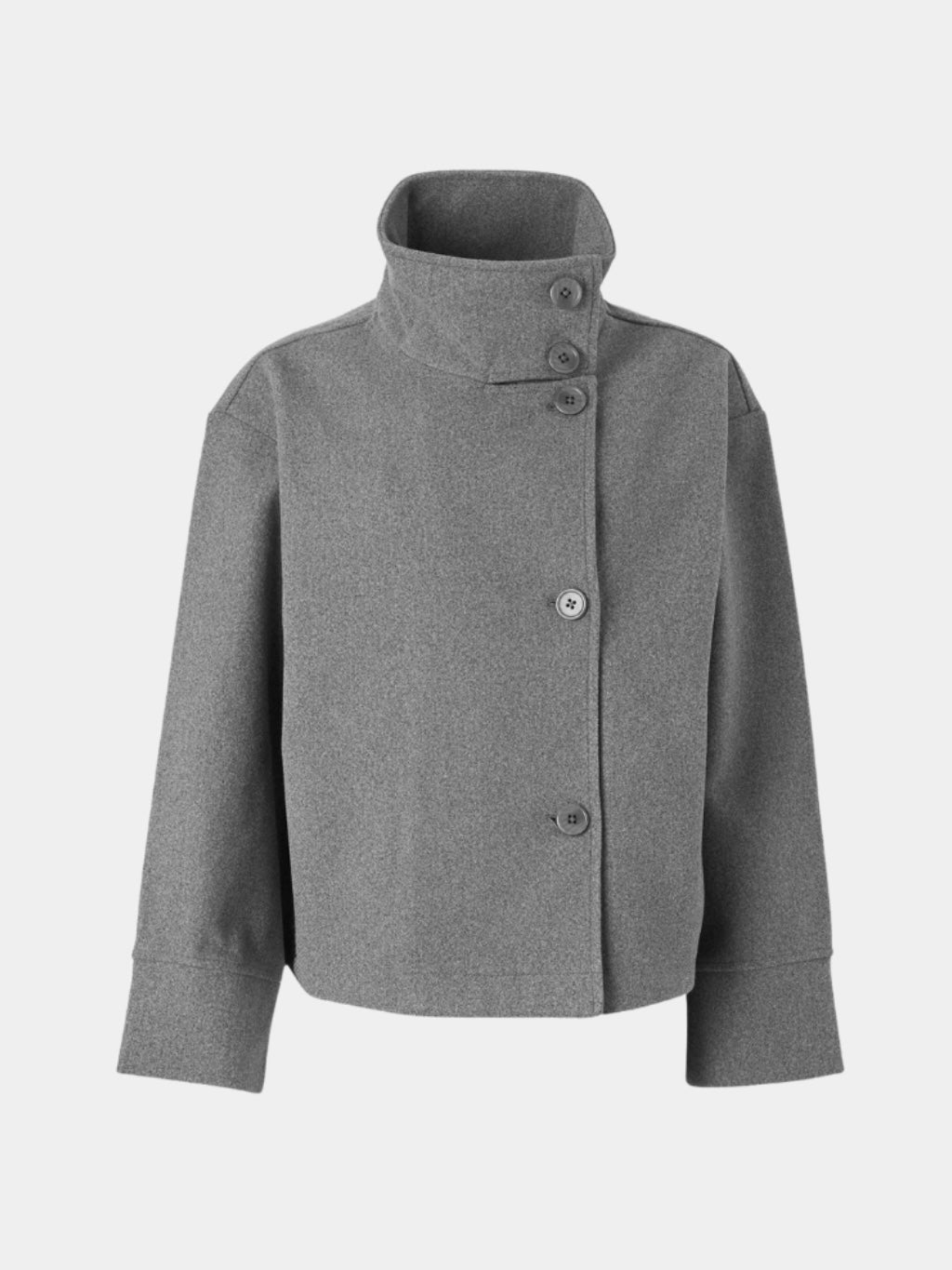 Black high-neck jacket with asymmetrical buttons and structured silhouette, featuring wide sleeves and a minimalist design for modern everyday styling.