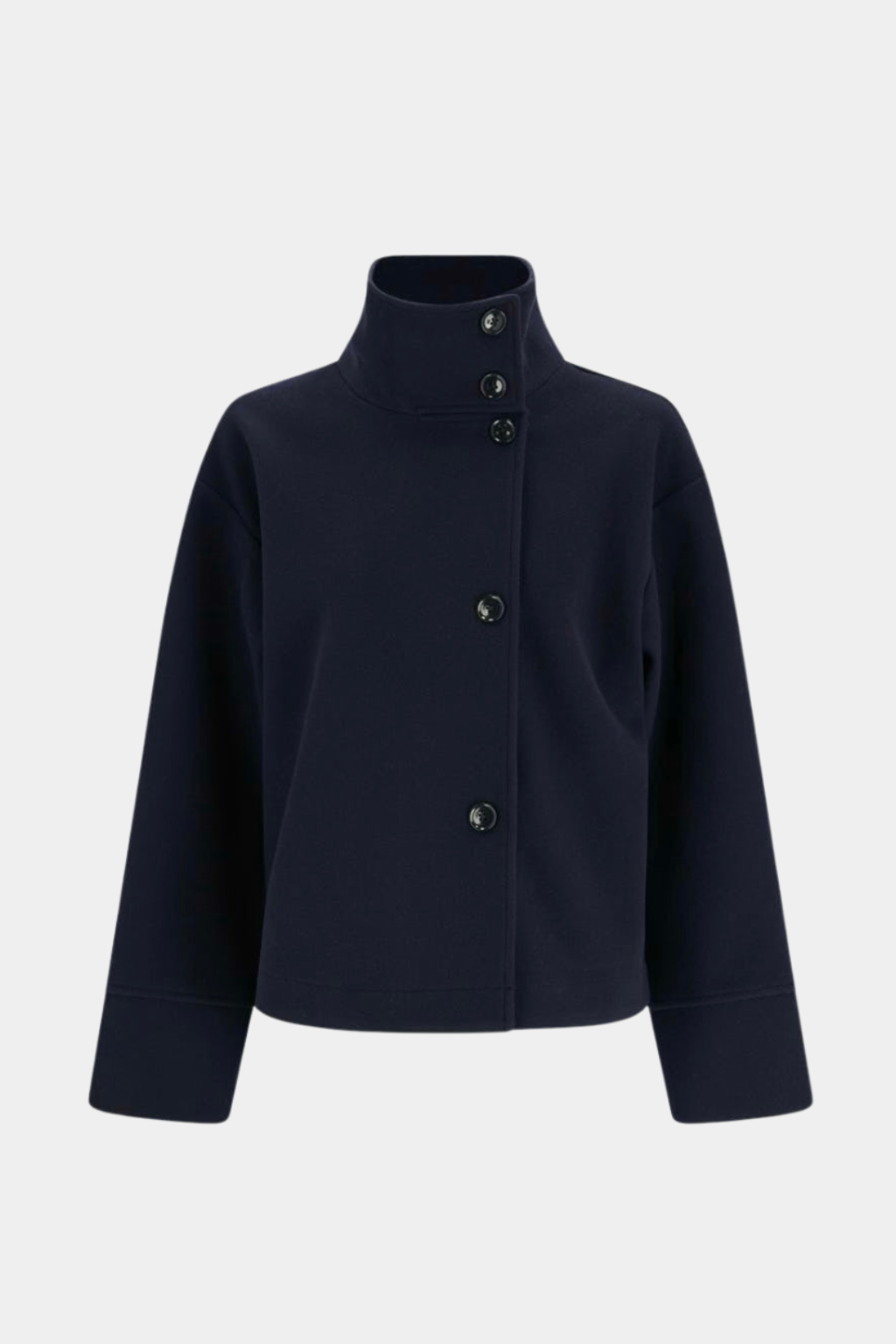 Black high-neck jacket with asymmetrical buttons and structured silhouette, featuring wide sleeves and a minimalist design for modern everyday styling.