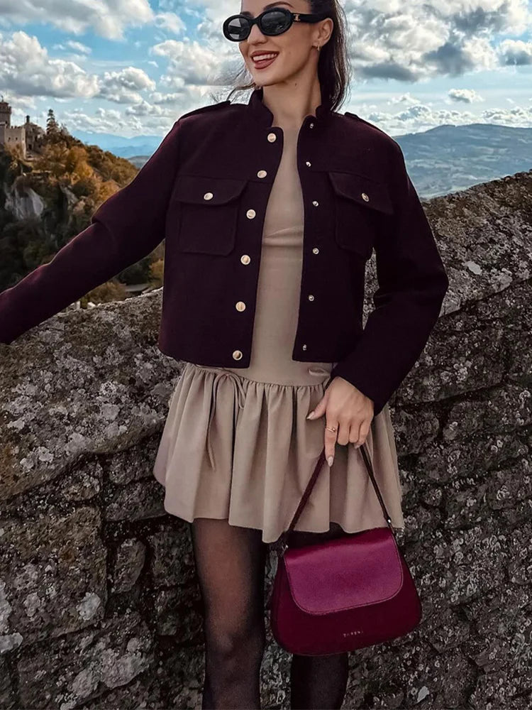 Lilly | Burgundy Cropped Jacket with Gold Buttons