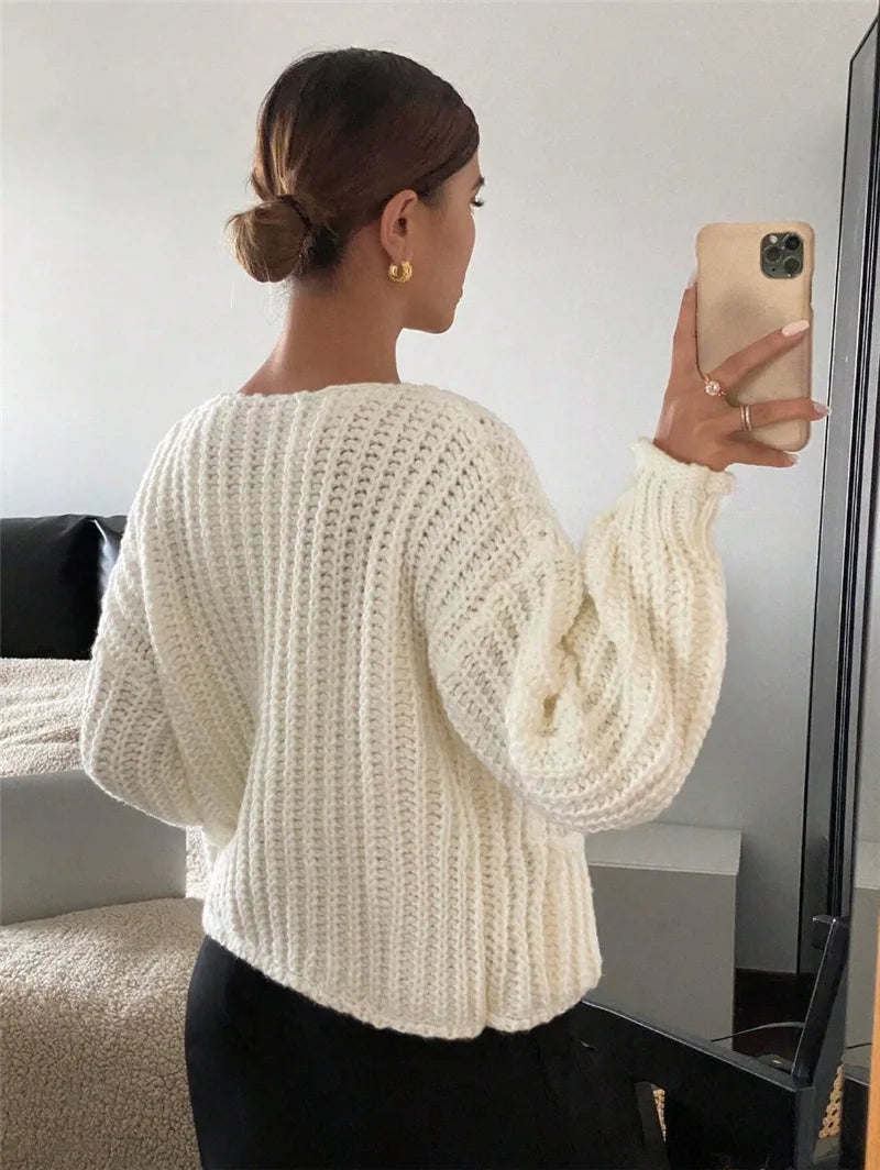 Rae | Cream Chunky Knit Cardigan with Gold Buttons