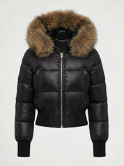 Black puffer jacket with padded quilted design and a plush faux fur hood. Features zip fastening, fitted waist and long sleeves, offering warmth and stylish winter protection.