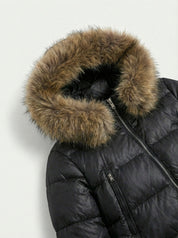 Black puffer jacket with padded quilted design and a plush faux fur hood. Features zip fastening, fitted waist and long sleeves, offering warmth and stylish winter protection.