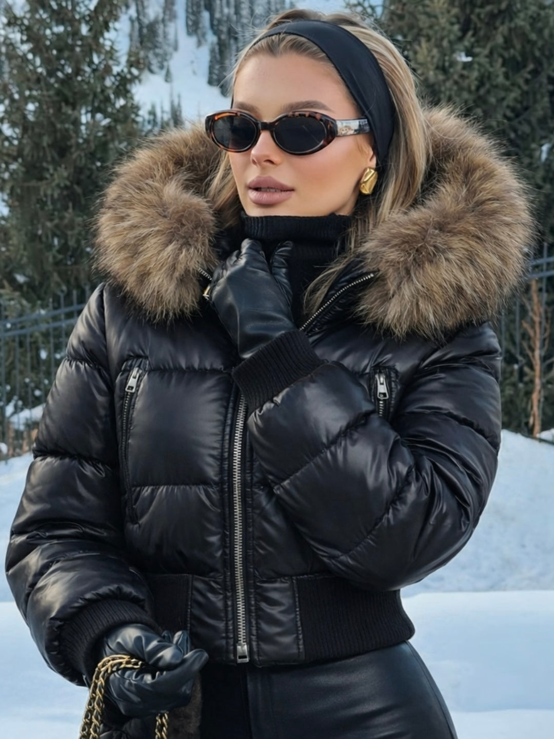 Black puffer jacket with padded quilted design and a plush faux fur hood. Features zip fastening, fitted waist and long sleeves, offering warmth and stylish winter protection.
