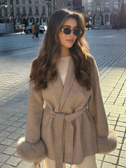 Celine | Belted Coat with Faux Fur Cuffs